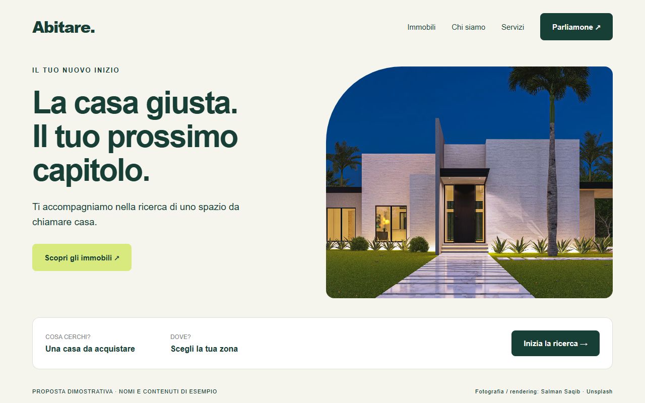 Concept dimostrativo di sito per agenzia immobiliare con testi in italiano