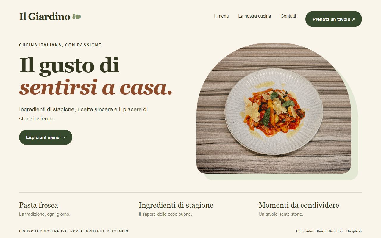 Concept dimostrativo di sito per ristorante con testi in italiano