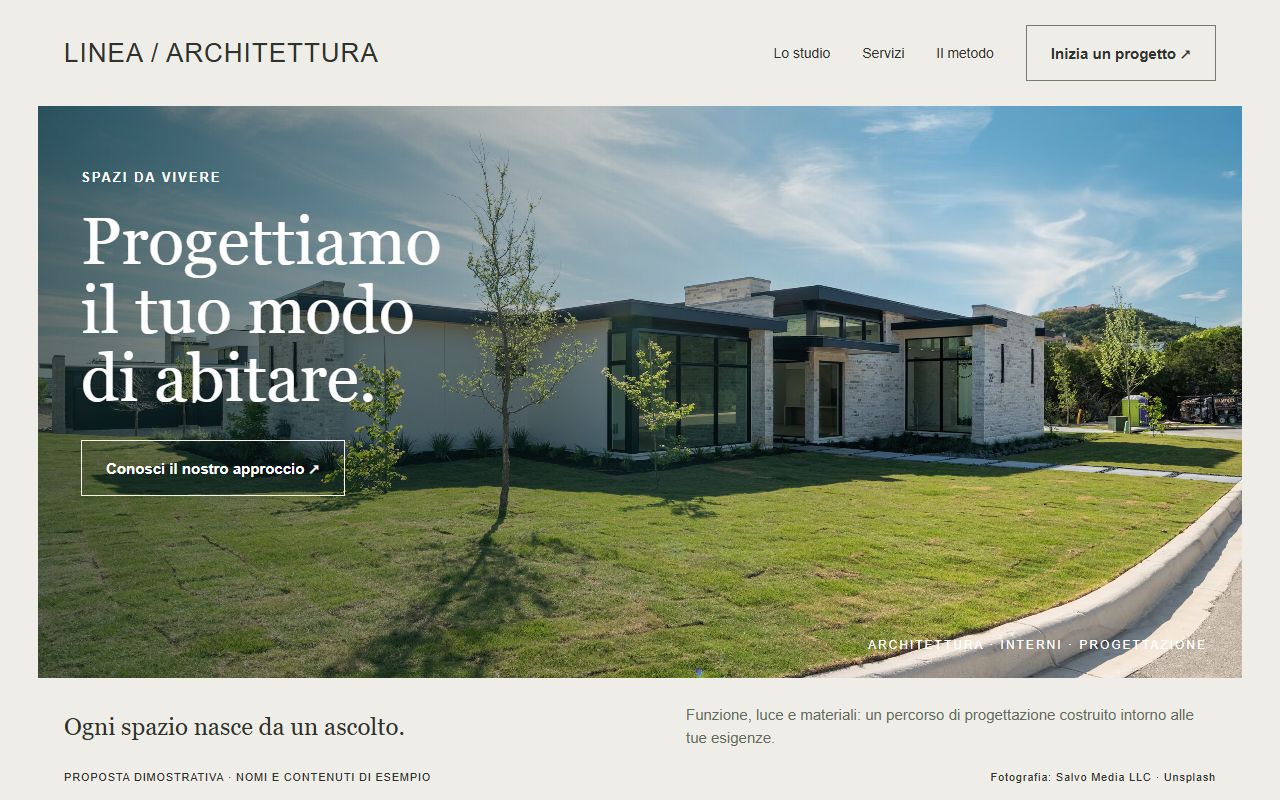 Concept dimostrativo di sito per studio di architettura con testi in italiano