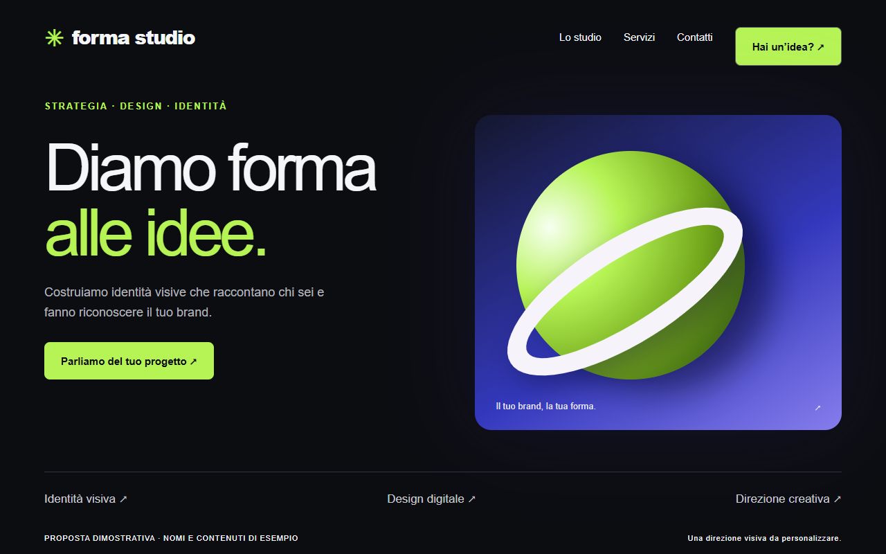 Concept dimostrativo di sito per studio creativo con testi in italiano