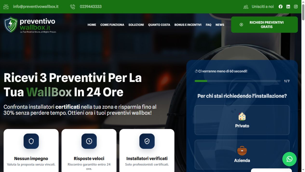 Sito Preventivo Wallbox realizzato da Creative Ground, con modulo guidato di richiesta preventivi
